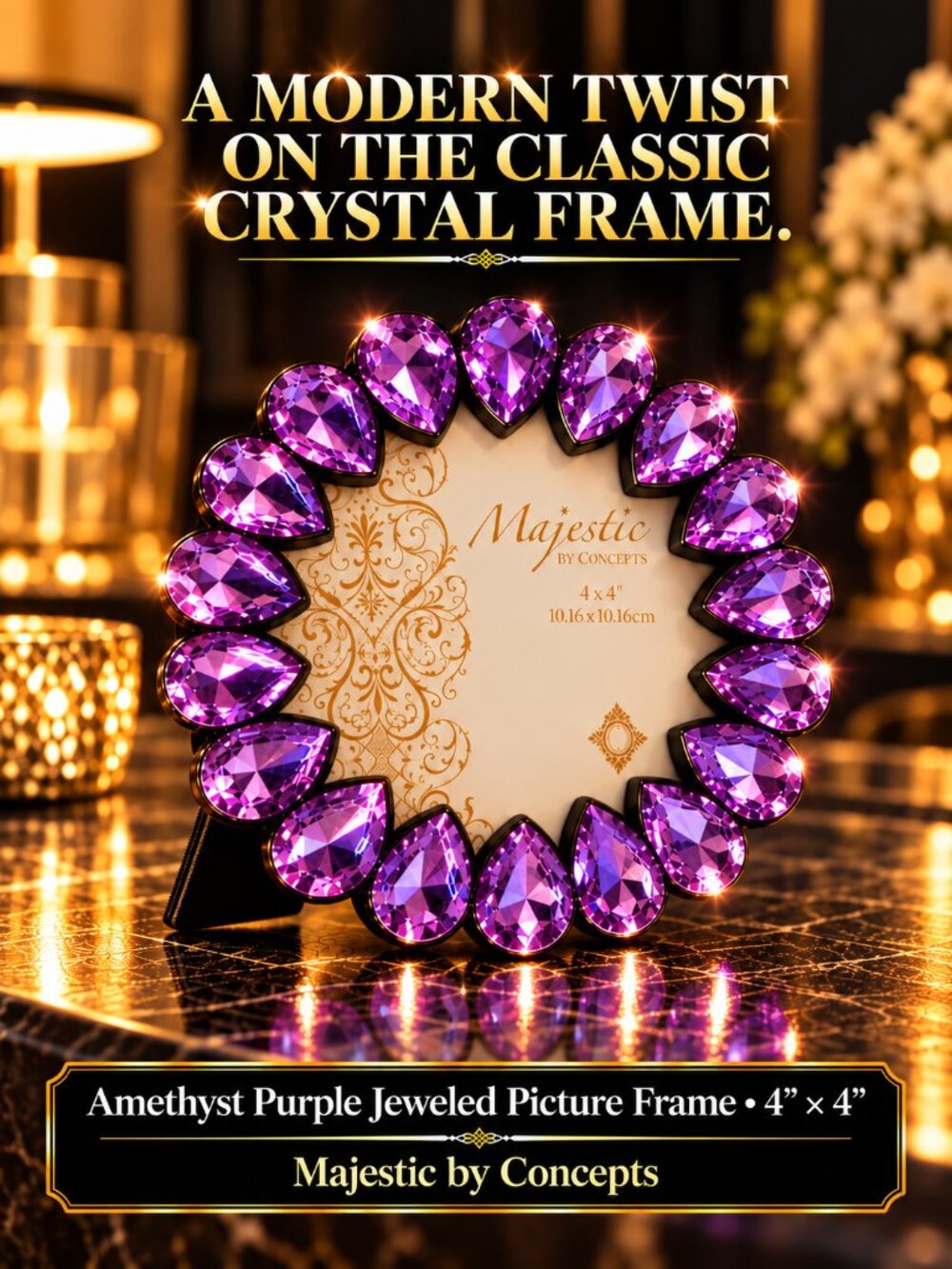 Treasured Memories | Majestic Amethyst Purple Jeweled Picture Frame 4"x4"